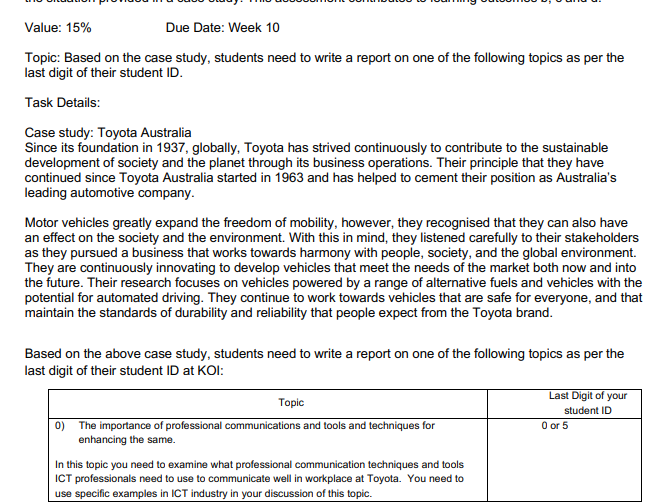 Value: 15% Due Date: Week 10 Topic: Based on the
