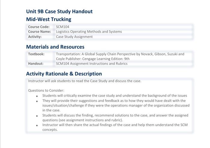 Unit 9B Case Study Handout Mid-West Trucking