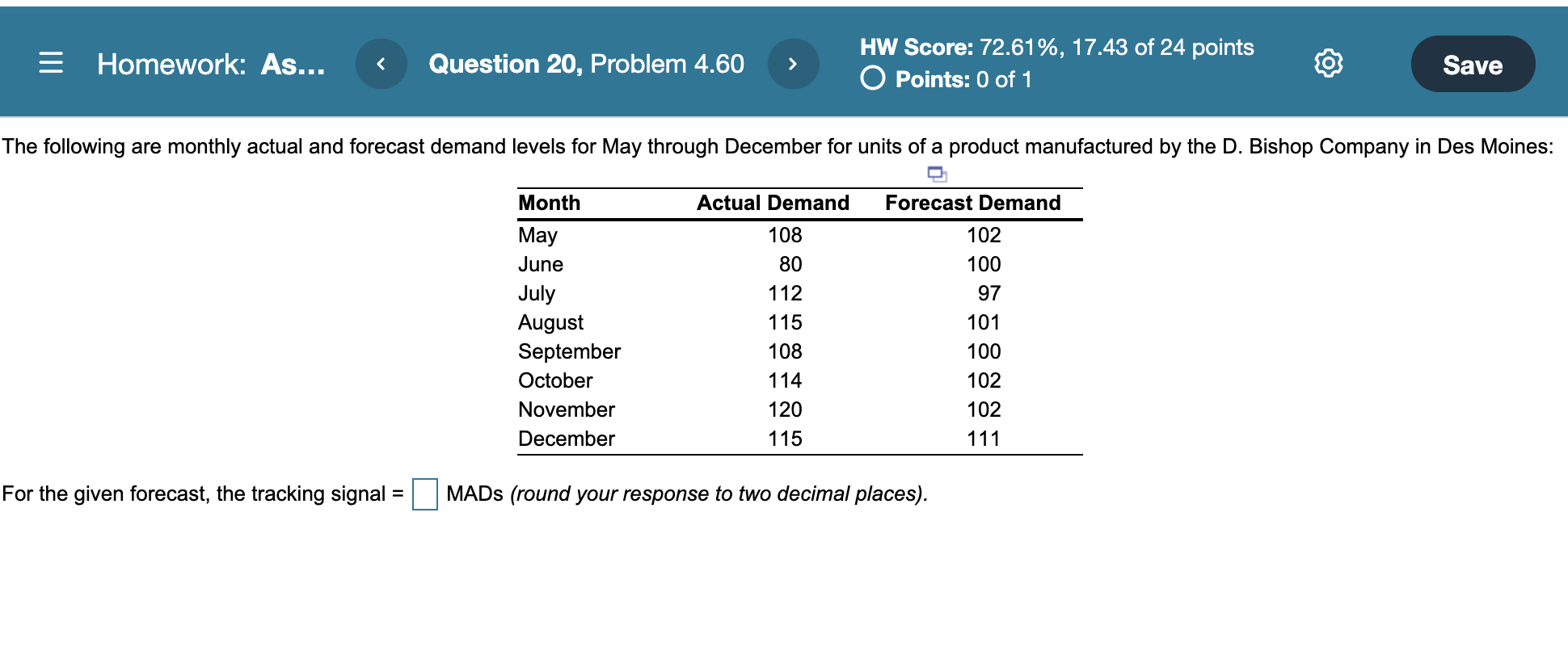 = Homework: As... Question 20, Problem 4.60 > HW