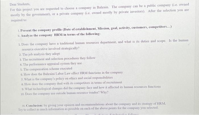 Dear Students, For this project you are requested