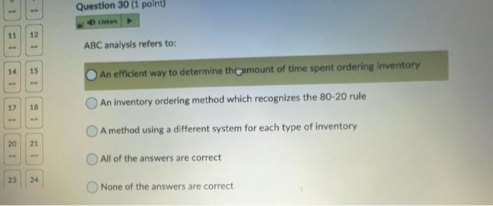 ! Question 30 (i point) teten 11 12 ABC analysis