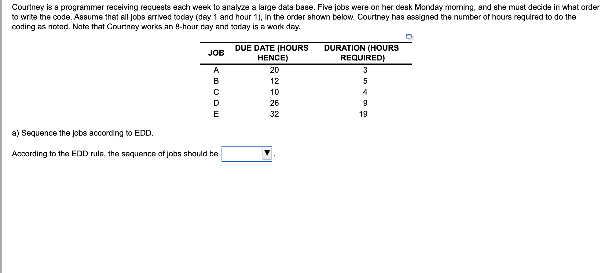 a) Sequence the jobs according to EDD. b) What is