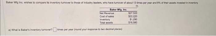 a) What is Bakers inventory turnover? b) What is