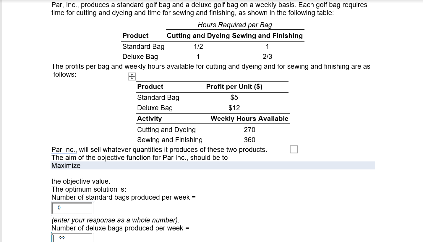 Par, Inc., produces a standard golf bag and a