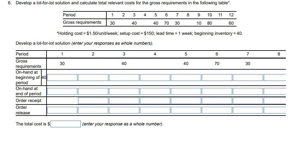 Q6 *Holding cost =$1.50 /unit/week; setup cost