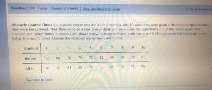 Obstacle Course Times An obstacie course was set