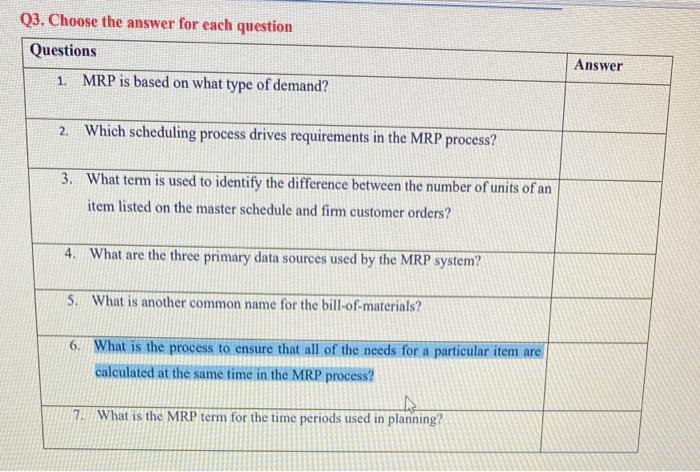 Q3. Choose the answer for each question Questions