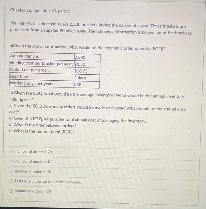 Chapter 12 , question 13, part c: Joe Henry's