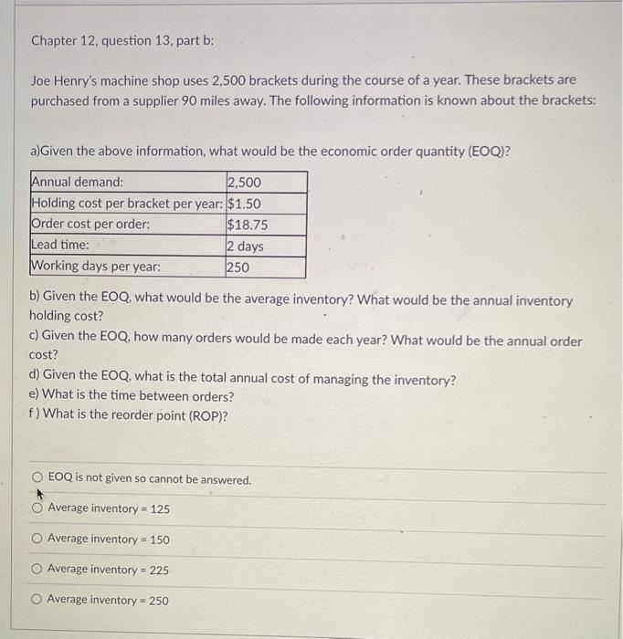 Chapter 12 , question 13, part b: Joe Henry's