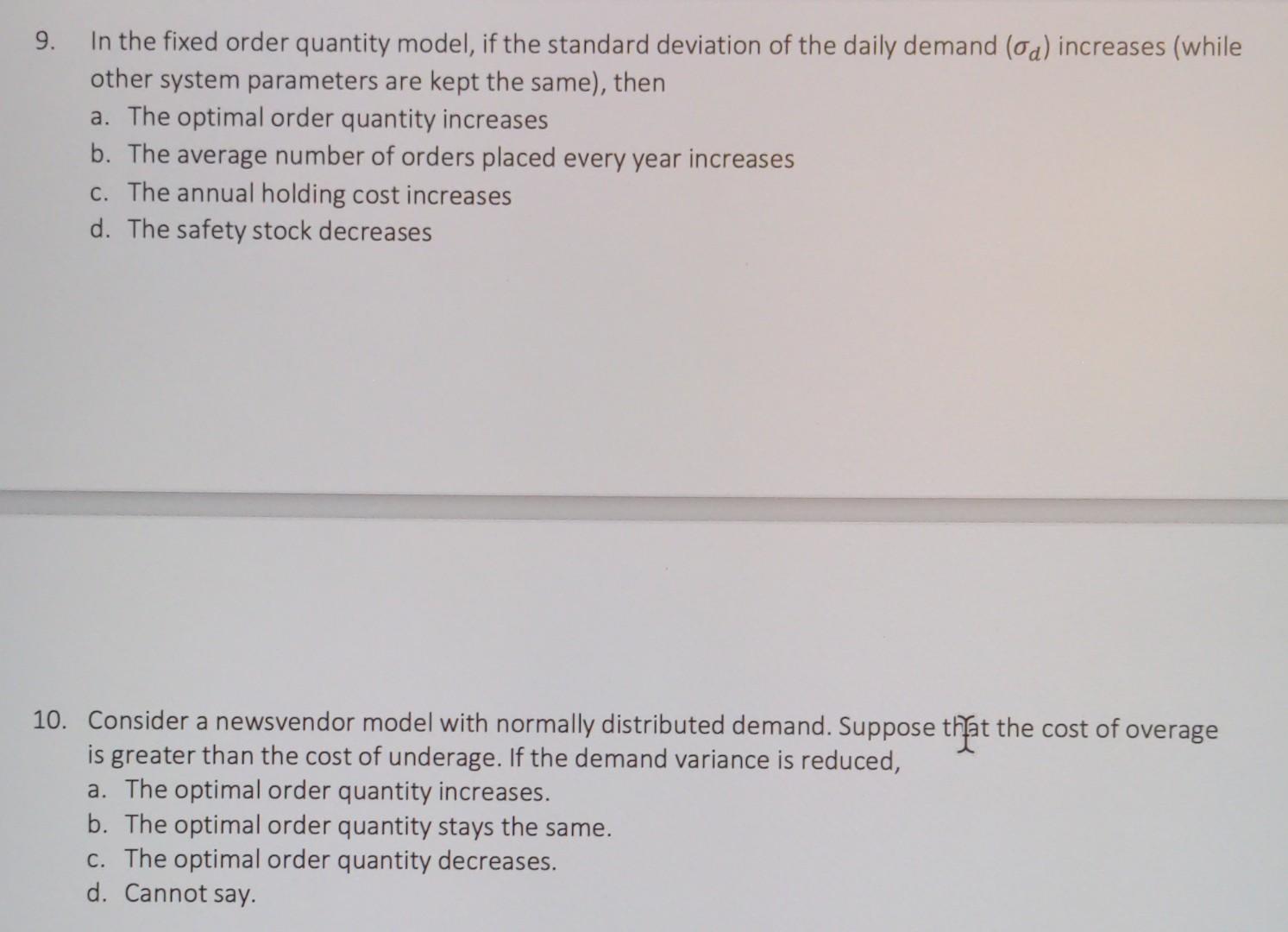 inventory management question Answer the