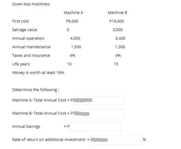 Given two machines Machine A First cost P9,000