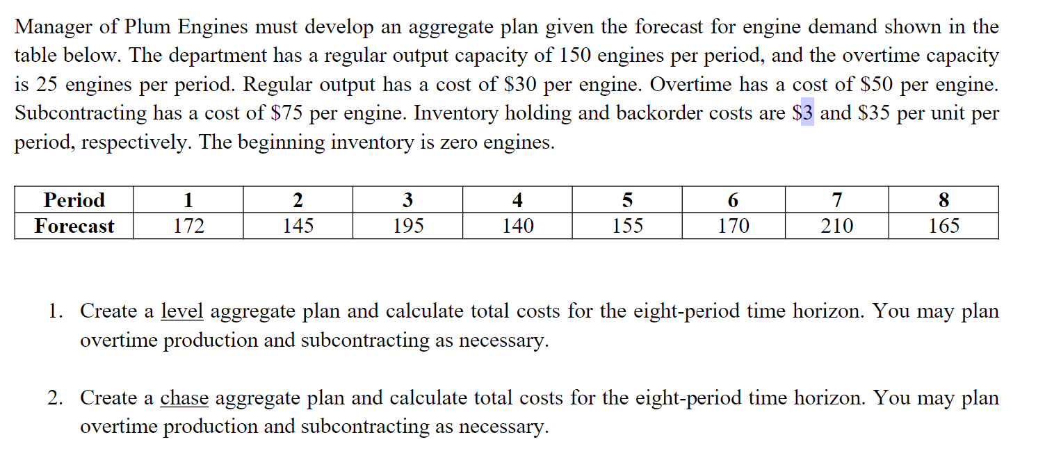 Manager of Plum Engines must develop an aggregate