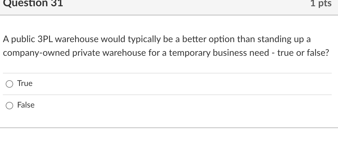 Question 31 1 pts A public 3PL warehouse would