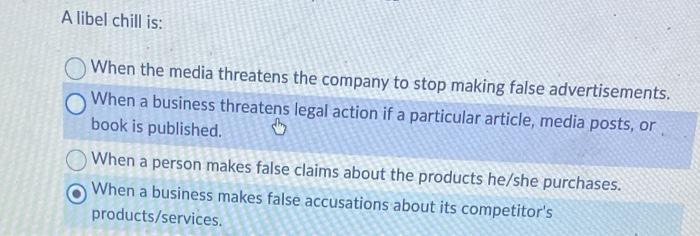 A libel chill is: When the media threatens the