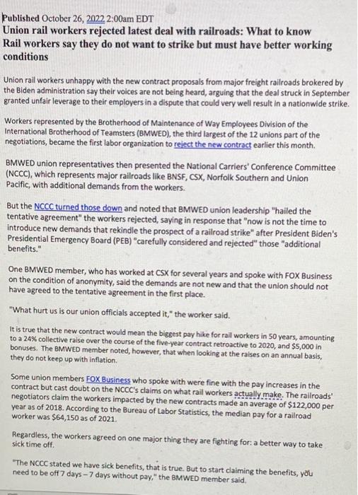 Read the article, "Union rail workers rejected