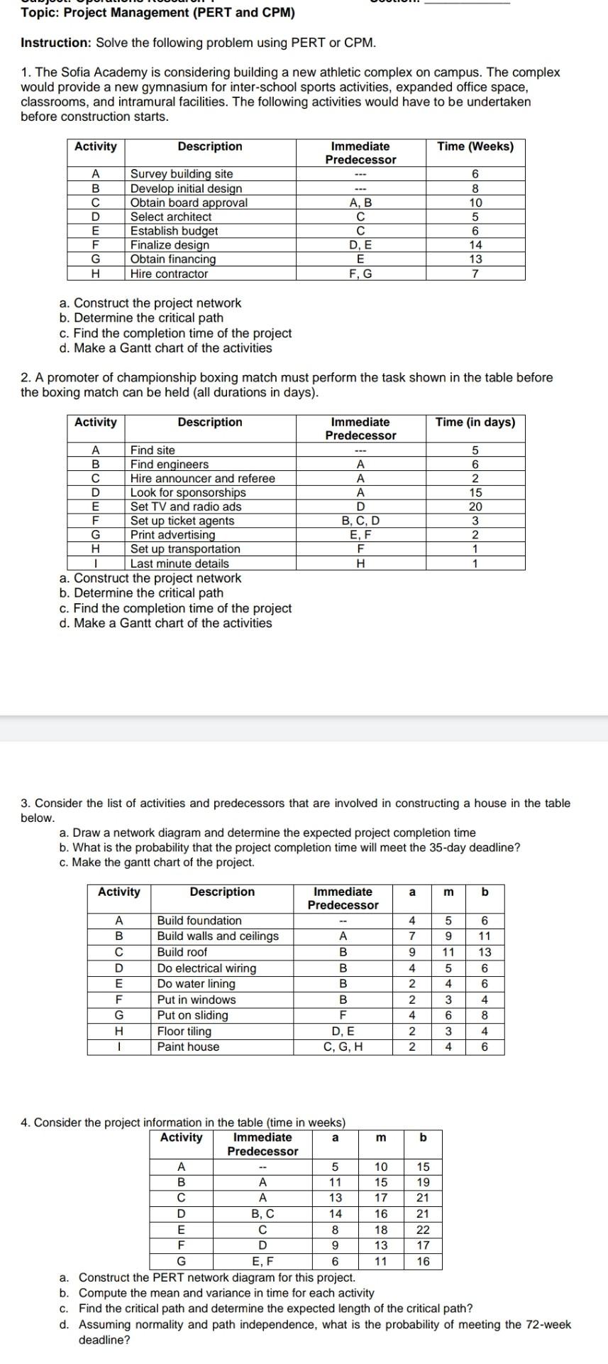 Topic: Project Management (PERT and CPM)