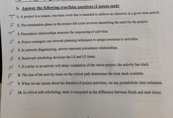 I- Answer the following true/false questions (2