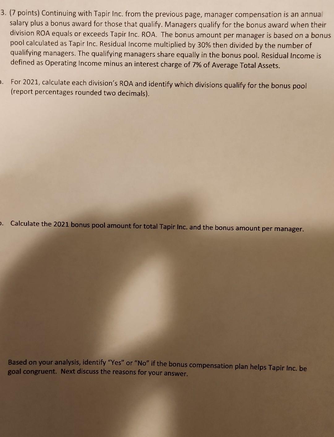 3. (7 points) Continuing with Tapir Inc. from the