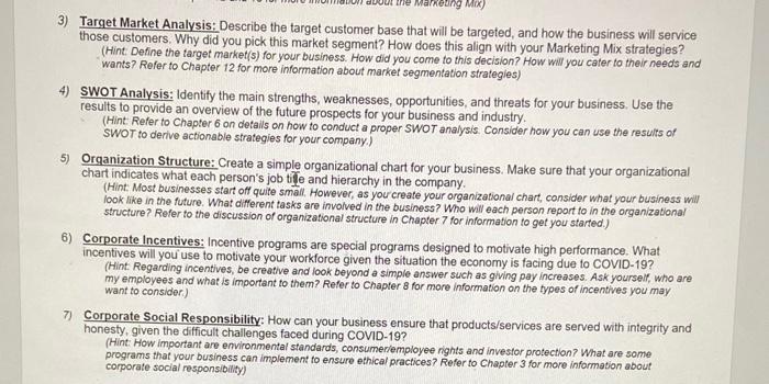 I need following components in a marketing plan