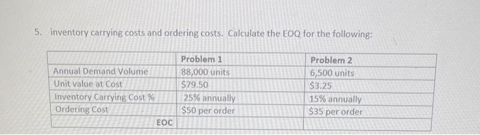 5. inventory carrying costs and ordering costs.