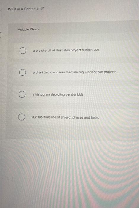 What is a Gantt chart? Multiple Choice a pie