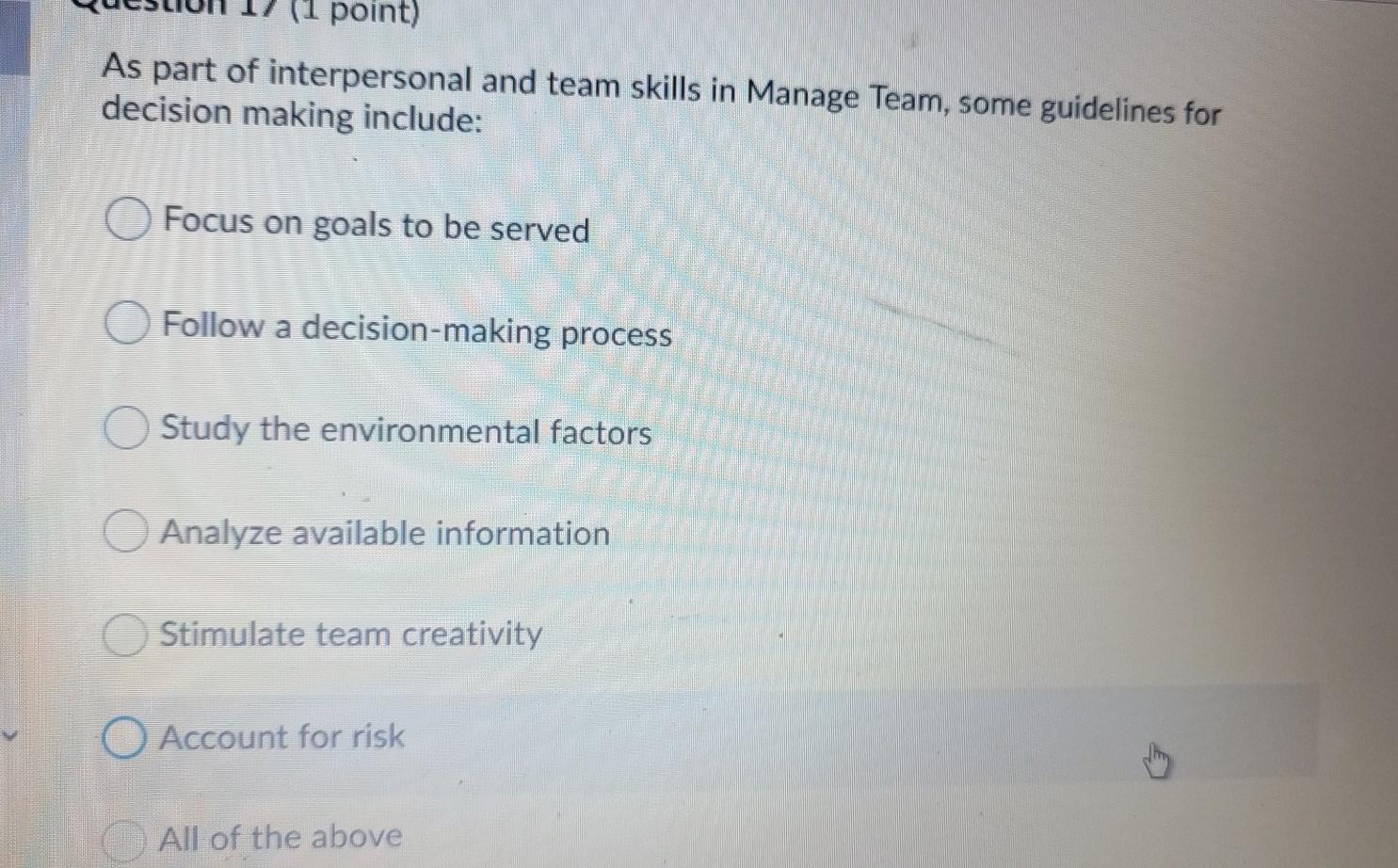 (1 point) As part of interpersonal and team