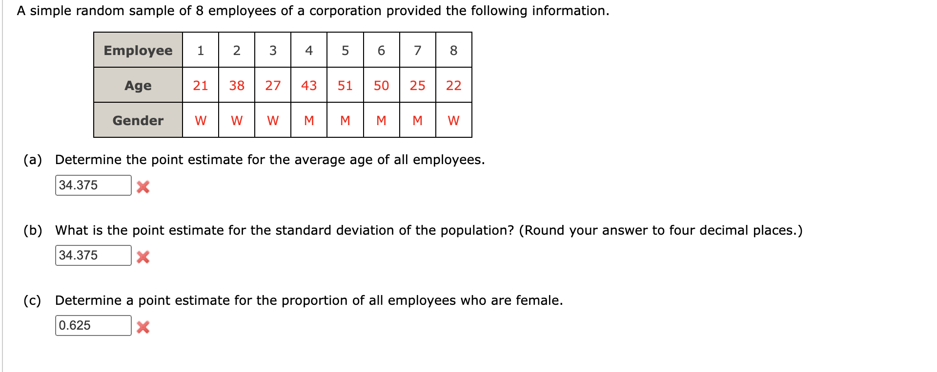 A simple random sample of 8 employees of a