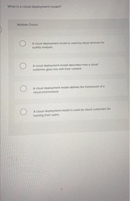 What is a cloud deployment model? Multiple Choice