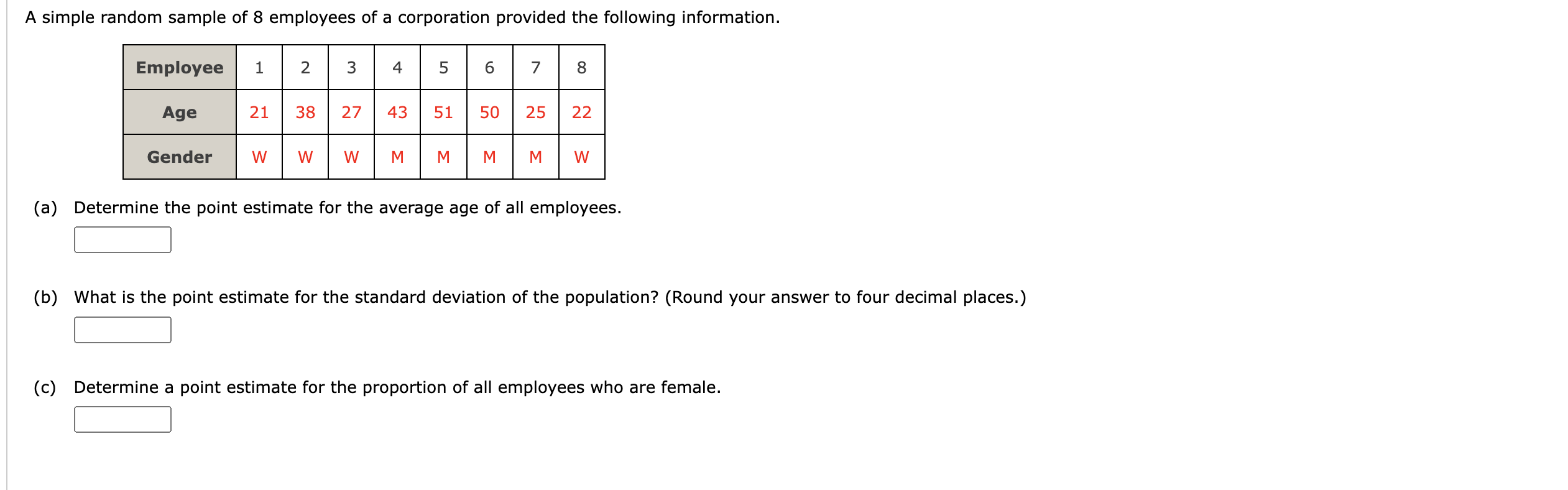 A simple random sample of 8 employees of a