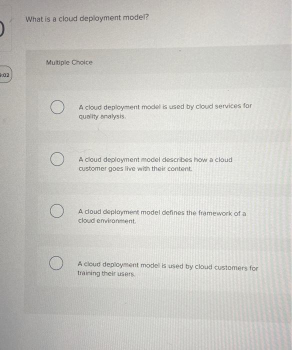 What is a cloud deployment model? Multiple Choice