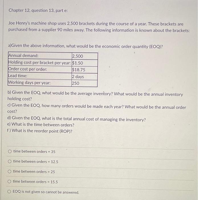 Chapter 12 , question 13, part e: Joe Henry's