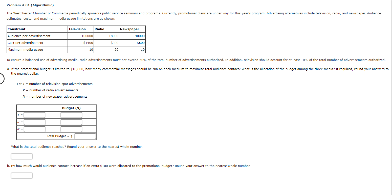 Problem 4-01 (Algorithmic) The Westchester