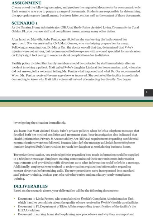 ASSIGNMENT Choose one of the following scenarios,