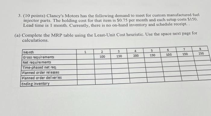 3. (10 points) Clancy's Motors has the following