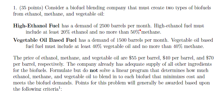 1. (35 points) Consider a biofuel blending