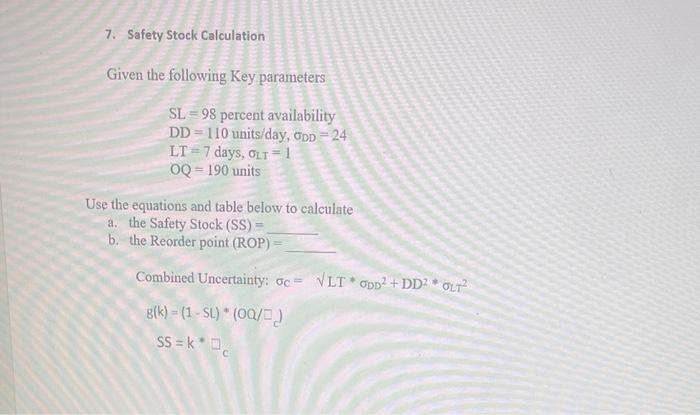 SL=98percentavailabilityDD=110units/day,DD=24LT=7d