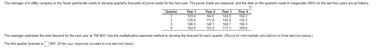 The first quarter forecast is MW. (Enter your