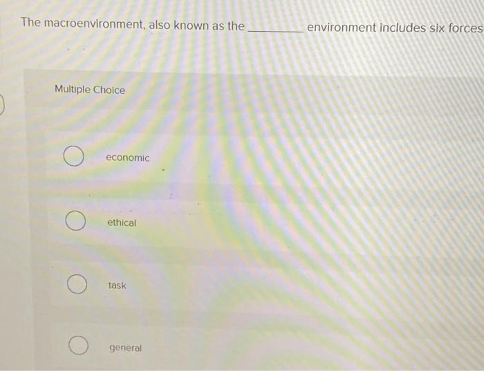 The macroenvironment, also known as the