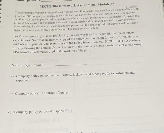 Donselic MKTG 304 Homework Assignment: Module #3