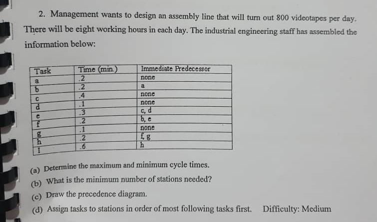 2. Management wants to design an assembly line
