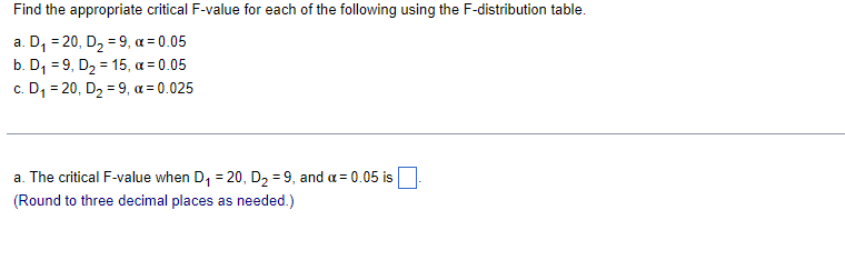 Find the appropriate critical F-value for each of