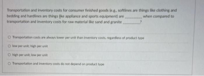 Transportation and inventory costs for consumer