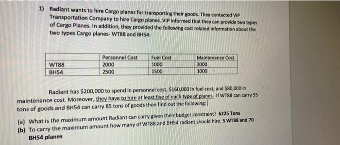1) Radiant wants to hire Cargo planes for