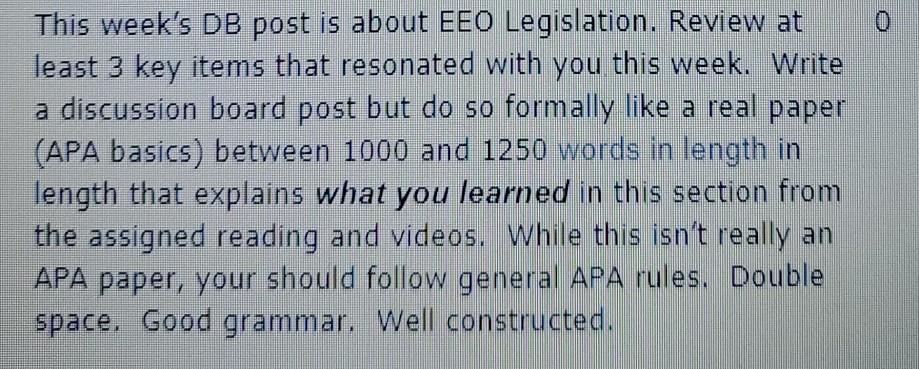 0 This week's DB post is about EEO Legislation.