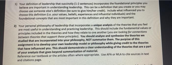 1) Your definition of leadership that succinctly