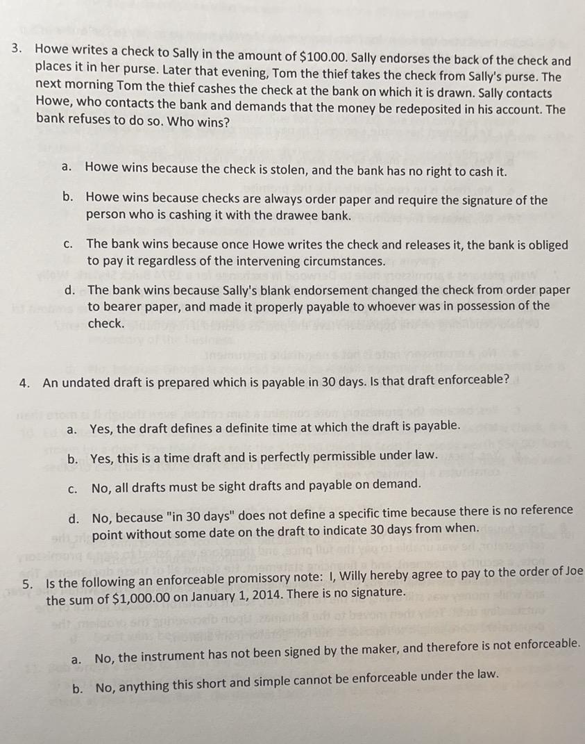 3. Howe writes a check to Sally in the amount of