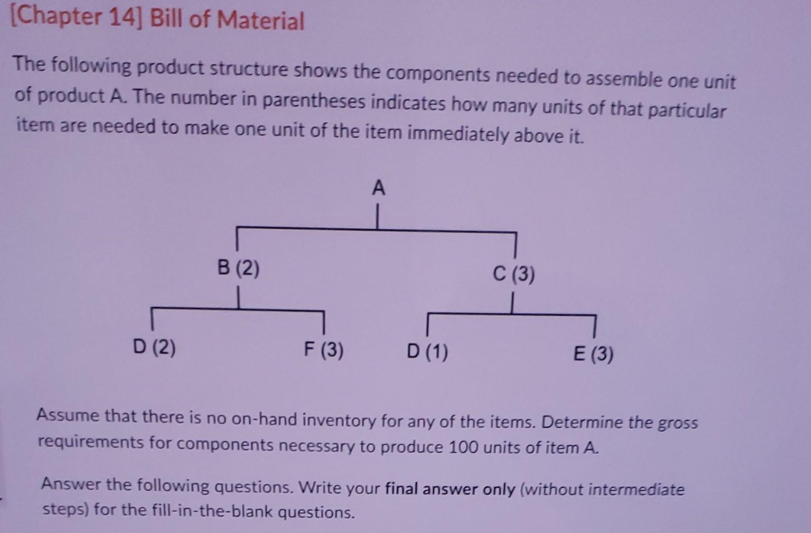 The following product structure shows the