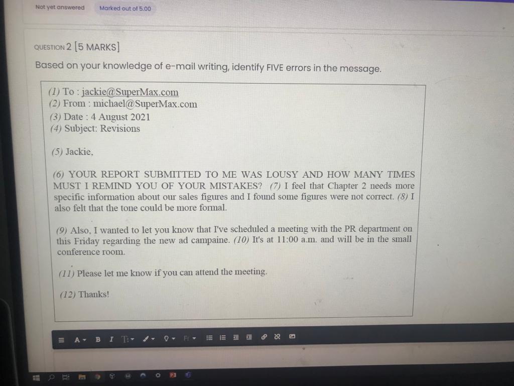 Not yet answered Morked out of 5.00 QUESTION 2 [5