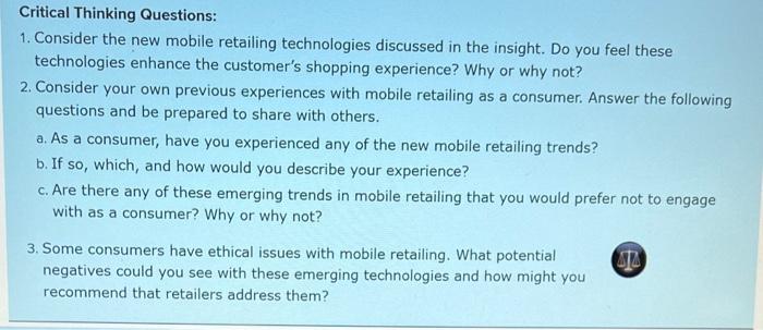 consumer behavior Critical Thinking Questions: 1.
