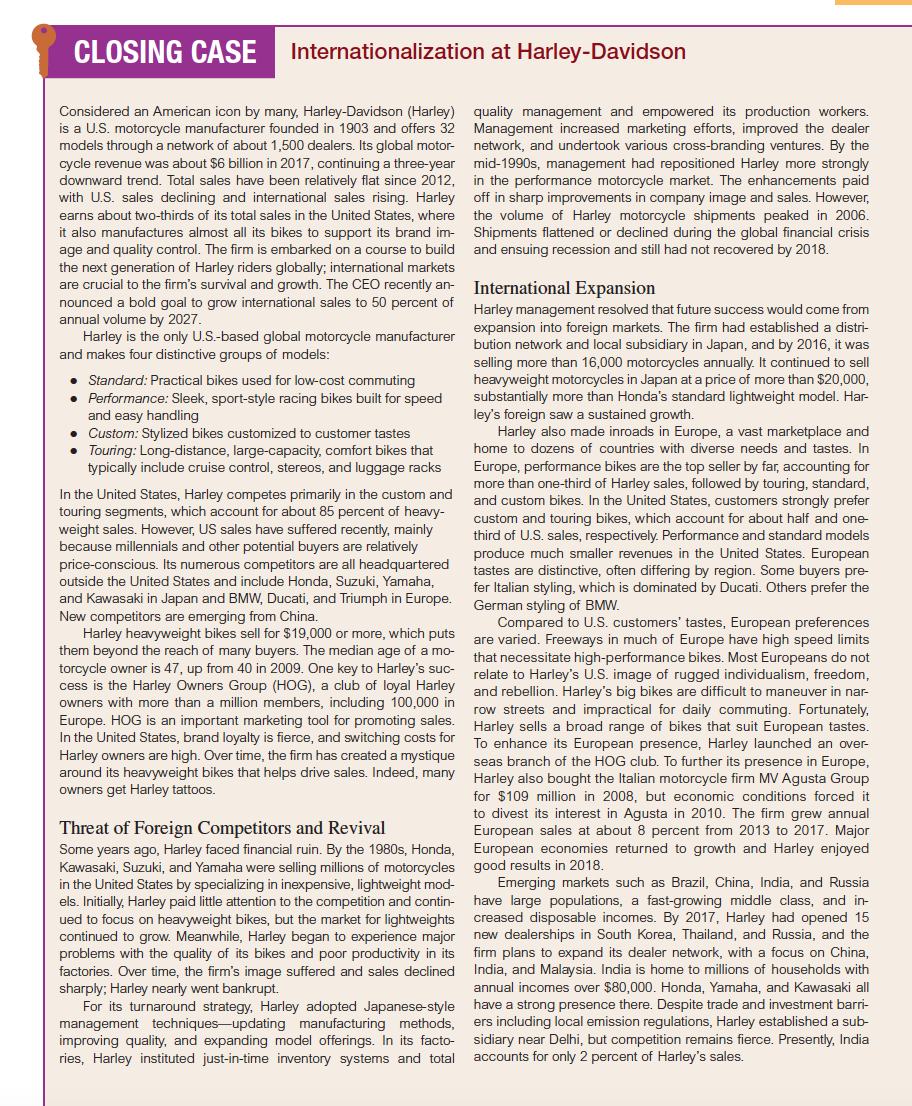 1)How can Harley benefit from expanding abroad?